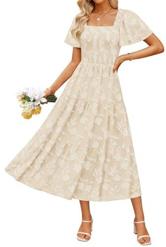 ZESICA Women‘s Summer Boho Floral Midi Dress 2026 Casual Short Sleeve Square Neck Flowy Beach Vacation Long Dress,Apricot,Small