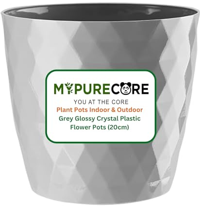 MYPURECORE Plant Pots Indoor 20cm – Stylish Decorative Plastic Flower Pot with Glossy Crystal Surface – Durable Indoor & Outdoor Planter for House Plants, Herbs (Grey, 20 cm)