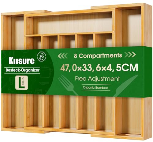Kitsure Silverware Organizer - Expandable Bamboo Kitchen Drawer Organizer, Adjustable Cutlery Tray for Kitchen Storage & Organisation, 33.6 x 4.5 x 29.0-47.0 cm