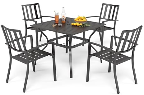 PHI VILLA Gartenmöbel mit 94cm Metall Gartentisch und Stapelbare Stühle 4er Set Metall Terrassen Outdoor Bistro Garten Möbel Sets Wetterfest Garten Sitzgruppe Sparen Platz