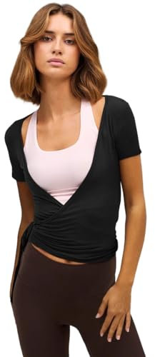 AOWVUTS Top da Danza Donna Classica Scollo a V Maglia a Incrocio Cardigan a Maniche Corte Crop Top Y2K Tops Avvolgente da Yoga Pilates Maglione Slim Fitness Ballerina Danza Moderna
