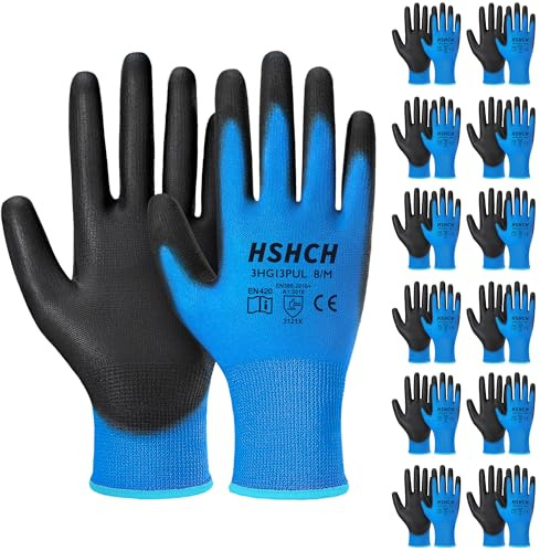 HSHCH Work Gloves for Men and Women 12 Pairs, PU Coated Seamless Knit Safety Gloves with Grip, Ideal for General Duty, Warehouse, Auto, DIY(Large, Blue)