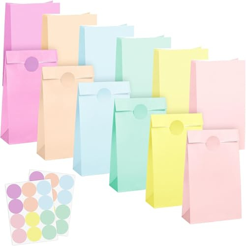 Pastel Kraft Paper Party Gift Bags 12 Pcs with Stickers, 6 Colors Paper Bags for Wedding/Bridal Shower/Kids Parties, Macaron Party Bags(13 x 8 x 24 cm)