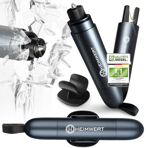 Heimwert Notfallhammer Gurtschneider - Notfall Hammer mit Testglas zum Üben - Zerstört insbesondere Verbund Sicherheitsglas der neuen Auto Generation - Federkorn Nothammer Emergency Car Tool (1 Stück)