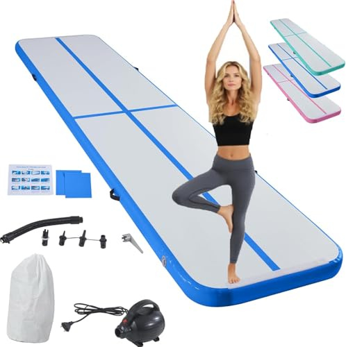 LSLIFE Aufblasbare Gymnastikmatte Tumble Track Gym Bodenmatte 3M 4M 5M 6M Air Tumbling Trainingsbahn Dick 10CM mit Elektrischer Pumpe für Gymnastik Home Kids Tumble Training/Yoga/Wasser (Blau, 4M)