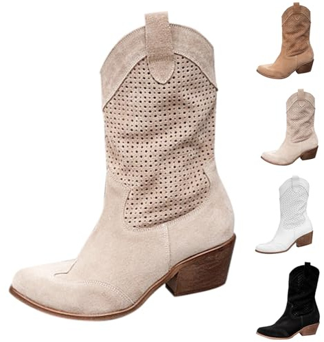 Gyaimxfu Bottines de cowboy pour femme - En daim - Bottes basses à enfiler - Bottes courtes de transition - Talon bloc - Bottines mi-hautes pour femme