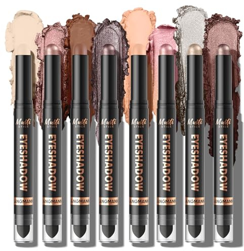 LANGMANNI 8 couleurs - Lot de bâtons d'ombre à paupières crème double extrémité - Silky Smooth, imperméable et résistant au transfert, pinceau mélangeur intégré, maquillage des yeux mat et brillant