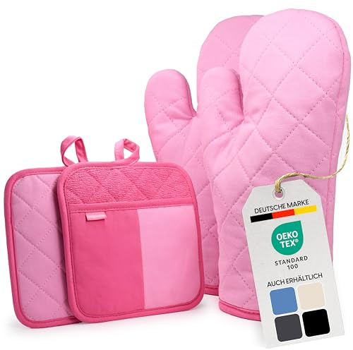 Bellphany Topflappen und Ofenhandschuhe Set - Topfhandschuhe zum Kochen & Backen, Backhandschuhe aus Baumwolle, hitzebeständig bis 250°C, Rosa