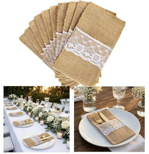 Bestecktaschen aus Natur Jute Weiß Spitze 10 Stück 21 x11cm Sackleinen Besteckbeutel Messer Gabeln Besteck Besteckhalter Gartenparty Hochzeitsdeko für Hochzeit Party Geburtstag Brautdusche Tischdeko