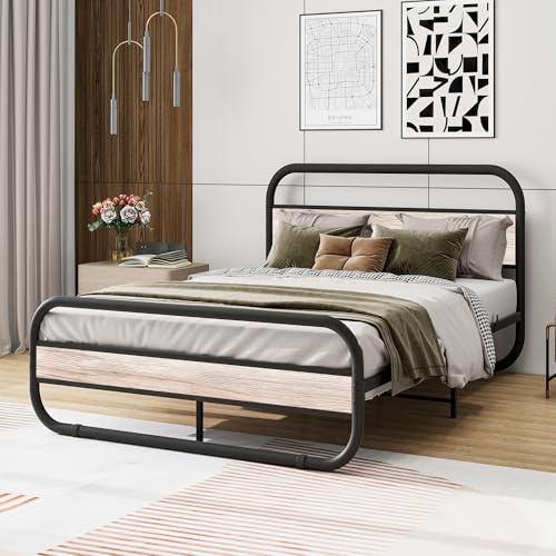 Double Bed Frame with Headboard,Oval-Shaped Platform Bed Frame with Under-Bed Storage,Steel Slats Mattress Foundation Round Pipe Design,Maple