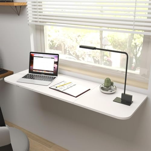 petour Klapptische Wandmontiert, 120×40 cm Klappbarer Tisch zur Wandmontage, Wandklapptisch mit Klammern, Schwebender Schreibtisch Platzsparend für Waschraum Küche Balkon Zuhause Büro, Weiß