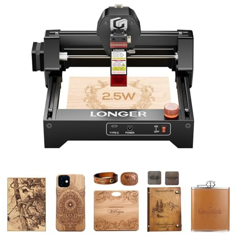 LONGER RAY5 Mini 2,5W Lasergravierer, 12.000 mm/min Geschwindigkeit, 130×140 mm Arbeitsbereich, ideal für Holz, Metall, Acryl und Leder. Mit WLAN und Not-Aus-Taste für zusätzliche Sicherheit.