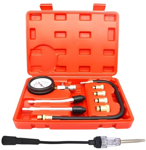 Tuxihapp 9PCS Petrol Engine Cylinder Compression Tester Kit with Spark Plug Tester, 0-21 Bar & 0-300 PSI Compression Gauge Car and Motorcycle Engine Testing Tool (Red)