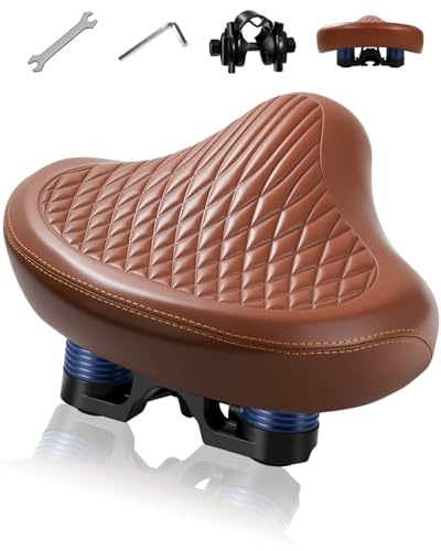 Wide Bike Seat for Women Men, Comfortable Soft Classic Vintage Padded Bicycle Saddle Cushion, Large Comfort Replacement Seat for City, Beach Cruiser, Hybrid, Ebike, Mountain, Stationary Bike (Brown)