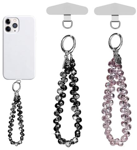Noenaeni 2PCS Pearl Phone Wrist Strap, Beaded Lanyards for Women, Elegant Blingbling Mobile Phone Charm Keychain, Sparkling Bracelet for Wallet Handbag Camera Cell Decoration(Light purple, Black)