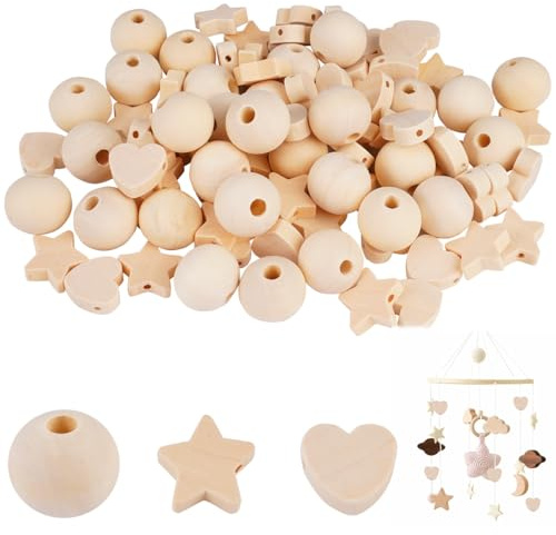 90 Round Stern Form Holz Perlen Set, Naturholzperlen Herz zum Auffädeln, Holzperlen Natur für Makramee, Kleine Holzkugeln Stern Set mit Loch,Round Form Holz Perlen Set,Fünfzackige Spacer für DIY