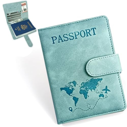 COYUN Custodia per Passaporto, Custodia Passaporto con Blocco RFID Porta Passaporti in pelle PU Copertina per Passaporti da Viaggio per Carte d'Identità Carte di Credito, Pass (Azzurro)