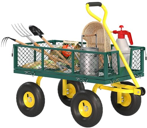 Outsunny Carrello da Giardino Robusto, Rimorchio in Acciaio con Sponde Removibili, Convertibile in Pianale, Ruote da 25cm, Manico Rotante a 180°, Capacità 200 kg, per Spiaggia, Prato e Giardino, Verde