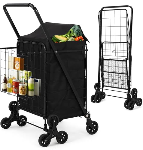 Aptliton Folding Shopping Trolley on Wheels, Heavy Duty Folding Stair Climbing Utility Trolley Cart, Portable Grocery Carts with Waterproof Basket Liner for Laundry Groceries Camping