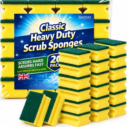 Classic Heavy Duty Scrub Sponges by Smith's | 20 Pack | Thick Scourers | Dual-Sided | Reusable | Quick-Drying | 25% Thicker | Longer-Lasting Everyday Use | Designed in the UK