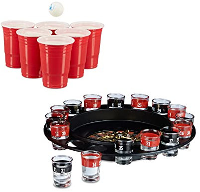 Relaxdays 2 teiliges Trinkspiel Set für Erwachsene, Trink-Roulette, Beer Pong Becher rot, Partyspiel, Saufspiel, ab 18