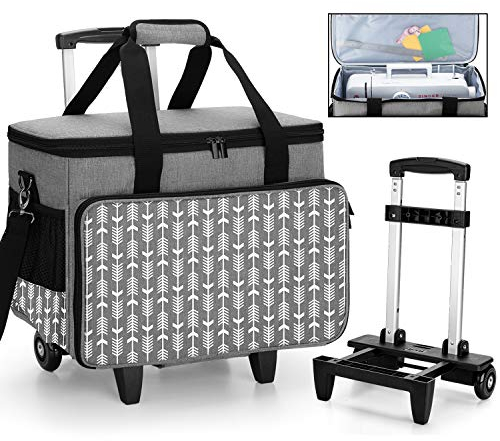 Yarwo Abnehmbare Nähmaschinentrolley, Nähmaschine Koffer mit Rollen, Nähmaschine Trolley Tasche mit unterer Stützplatte für die meisten Standard-Nähmaschinen und Zubehör, Grau mit Pfeilmuster