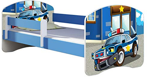ACMA Kinderbett 160x80 cm Blau mit Matratze & Lattenrost – Jugendbett mit Rausfallschutz, personalisiertes Motiv 38 Polizei, stabiles Kinderbett für Kinderzimmer, belastbar bis 120 kg