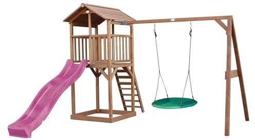 AXI Beach Tower parco giochi in legno in marrone | Torre di gioco per bambini con sabbiera, altalena a nido e scivolo viola | Casa per bambini su palafitte per il giardino
