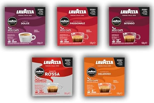 Lavazza, 5 Variety Pack, A Modo Mio, Coffee Capsules, Compostable, 5 packs of 16 Coffee Pods (80 Coffee Capsules)