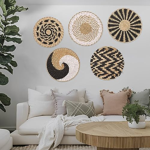 Fyeme Gewebte Wandkorb Deko Wandkorb Deko Satz von 5 Hängenden Boho Verschiedene Größenkombinationen Hängenden Geflochtenen Körben Natürliche dekorative für Wohnzimmer Schlafzimmer