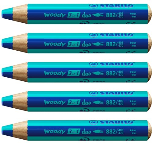 STABILO - Duo Buntstift, Wasserfarbe & Wachsmalkreide - woody 3 in 1 duo - zweifarbige Mine - 5er Pack - ultramarinblau/türkis