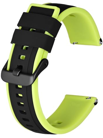 BISONSTRAP Silicone Watch Bands for Men, Soft Rubber Replacement Straps, 22mm, Black/Neon Green (Black Buckle)