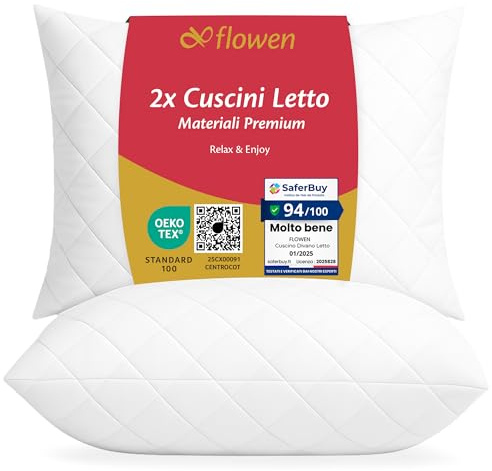 Flowen Cuscini Letto Coppia di Guanciali 50x80 per Dormire Imbottitura Standard Antiacaro Anallergico Traspirante Rettangolare per Matrimoniale Singolo con Federa Trapuntata Lavabile