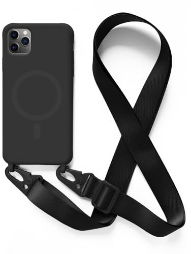 Leather Armor Handykette Hülle für iPhone 11 Pro(5.8) mit Band Halsband Lanyard (abnehmbar) Handyhülle, Verstellbarer Lanyard.Magnetisch Stoßfest Silikonhülle Wireless Charging kompatibel .-Schwarz