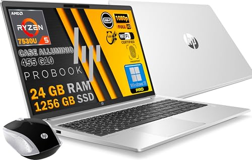 HP Probook 455 G10 Notebook Silber aus Aluminium, RAM 24 GB, SSD 1256 GB, FullHD Display 15,6 Zoll, Cpu Amd Ryzen 5 7530U mit 4,6 GHz, Fingerprint, Win11 Pro, WIFI-Maus