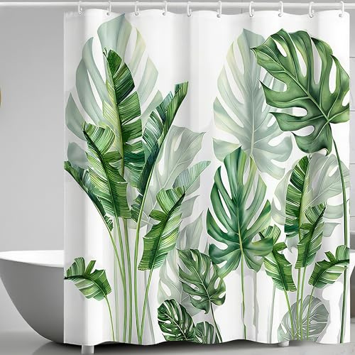 Zourglow Grön Tropiska Blad Tema Växt Duschdraperi Mögelbeständig, 180x201 cm, 3D HD Vattentät Badrumsgardin med Viktad Fäll med Metallögon & 12 Stabila Krokar, Tvättbar, Snabbtorkande