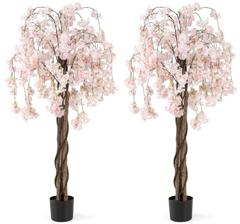 COSTWAY Set med 2 konstgjorda körsbärsträd, konstgjord växt, 163 cm, konstträd med blommor, blomträd i kruka, blomträd, körsbärsträd, Sakura, för bröllop, hem, kontor, vårdekoration (vit)