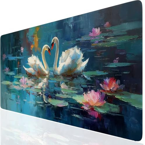 Schwan Mauspad XXL, Blau Mousepad 1000x500x3mm mit Genähten Kanten, Mauspad Großes Schreibtischauflage, Gaming Mousepad Wasserdicht und Rutschfest, Desk Mat Vernähte Kanten für MacBook, Laptop DE-8110