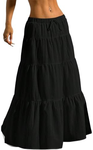 PADOLA Jupe Longue Femme Automne Hiver A-Ligne Taille Élastique Jupes Boheme à Volants Décontractée Jupe Trapèze à Double Épaisseur Jupe Plissée Chic et Élégante Vacances Jupon (Noir, XS)