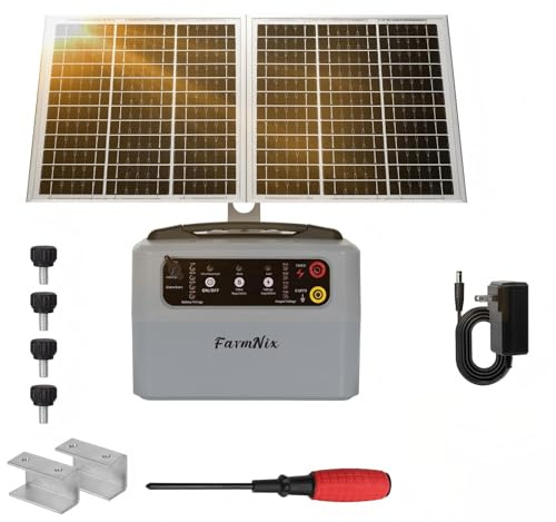 FarmNix 48 KM Valla eléctrica solar 0,3-1,5J, 6-12 KV ajustable valla eléctrica para animales con panel solar de 15 W, 12 V 7 Ah batería plomo-ácido, para vacas, ganado, cría de aves de corral