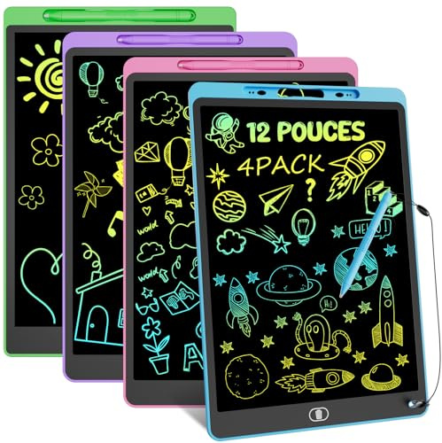 Tablette d'écriture LCD 12 Pouces [Lot de 4] - Ardoise Magique Enfant, Tablette Dessin Enfant avec Écran Sensible Pression & Couleurs Arc-en-Ciel - Cadeau Éducatif pour Fille Garçon