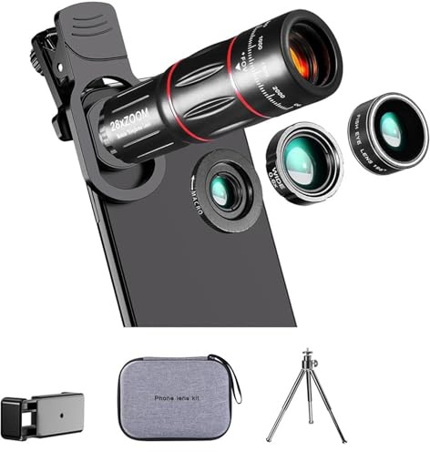 Buhdjfnke Kit Lenti per Fotocamera del Telefono, Versione Aggiornata, Teleobiettivo 28X, Grandangolo 0,6X, Macro 20X, Fisheye 198° per La Maggior Parte degli Smartphone