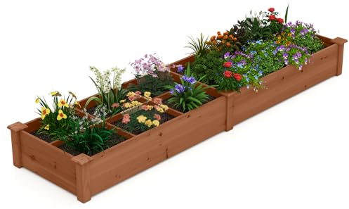 GOPLUS Carre Potager en Bois de Sapin 228x62x25 CM avec Fond Ouvert, Potager Exterieur avec 1 Grand Bacs à Plantation et 6 Petit Bac pour Fleurs Légumes Fruits Herbes, Idéal pour Balcon (Naturel)