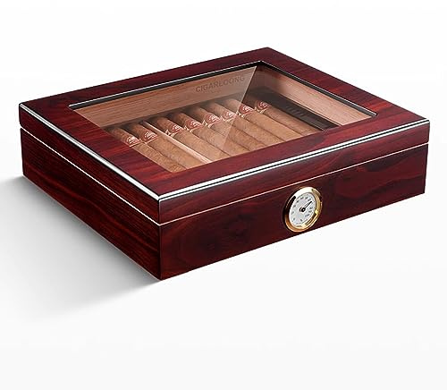 Humidificador de cedro, caja de madera hecha a mano con higrómetro, humidificador y divisor, capacidad para 35 puros, ideal para accesorios de puros