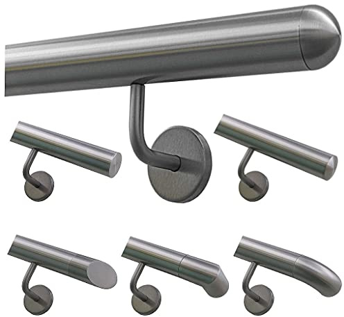 TIBU Handlauf Geländer Edelstahl Ø 42,4 mm - Länge 120 cm - Ende halbrunde Kappe und gewinkelte Halter - Rostfrei für Außen und Innen