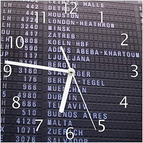Wallario Design-Wanduhr Flughafen Abflugtafel aus Glas, Motiv-Uhr Größe 20 x 20 cm, weiße Zeiger