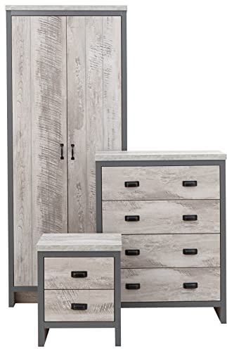 GFW Boston 3 Piece Bedroom Furniture Set, Grey Wood Effect Set with 2 Door Wardrobe, 4 Drawer Chest and Bedside Table, Industrial Style Bedroom Furniture