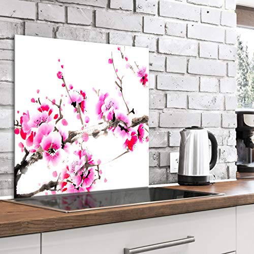 murando - Pannello Paraschizzi Cucina in Vetro Temperato Fiori di Ciliegio 60x60 cm - Protettivo Paraspruzzi Parete Cucina e Decorativo - Protezione Schienale - Facile da Pulire - b-B-0433-aq-a