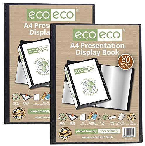 eco-eco Präsentationsbuch, A4, 50% recycelt, 80 Taschen, schwarz, Aufbewahrungsbox, Portfolio, Kunstmappe mit Kunststoffhüllen, 2 Stück, eco066 x 2