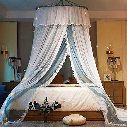 MBWLKJ Bettvorhänge Zweischichtiges rundes Moskitonetz mit abgehängter Decke Spitze Full Cover Einfache Installation Schützen Betthimmel Netting Raumdekoration，Blau（ Mit Beleuchtung ）